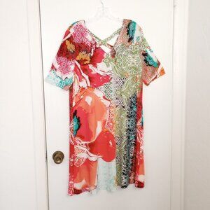 Chico's Pink & Green Abstract Floral Cross-Back Dress
